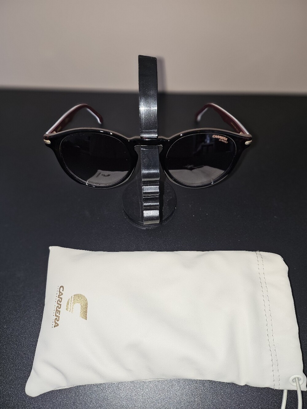 Carrera Black Round Sunglasses with Burgundy Temples